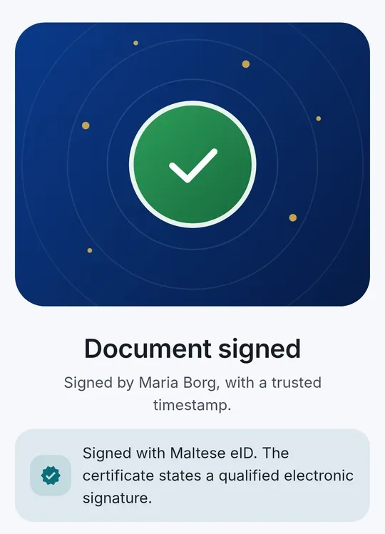 CodeB Wallet: Dokument signiert mit maltesischer eID, Zertifikat weist qualifizierte elektronische Signatur aus
