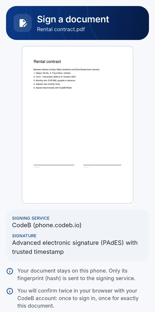 CodeB Wallet: Prüfansicht vor dem Signieren mit Signaturdienst und Signaturart PAdES mit Zeitstempel