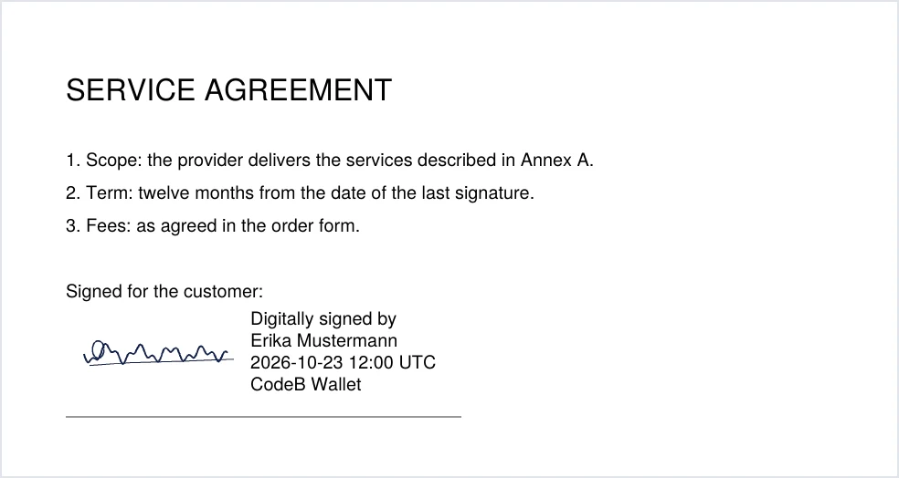 Sichtbare Signatur im PDF: digital signiert, Name, Zeitpunkt in UTC und CodeB Wallet